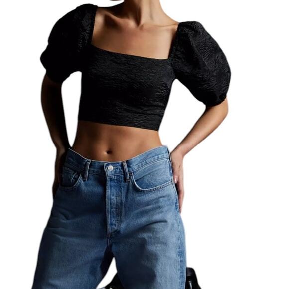 ASTR The Label Tassia Jacquard Puff Sleeve Tie Back Black Top SZ L NWT Romantic - Picture 3 of 14